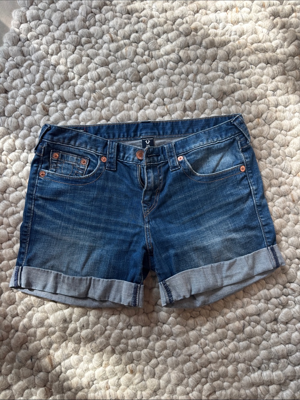 True Religion Rolled Hem Dark Blue Denim Shorts